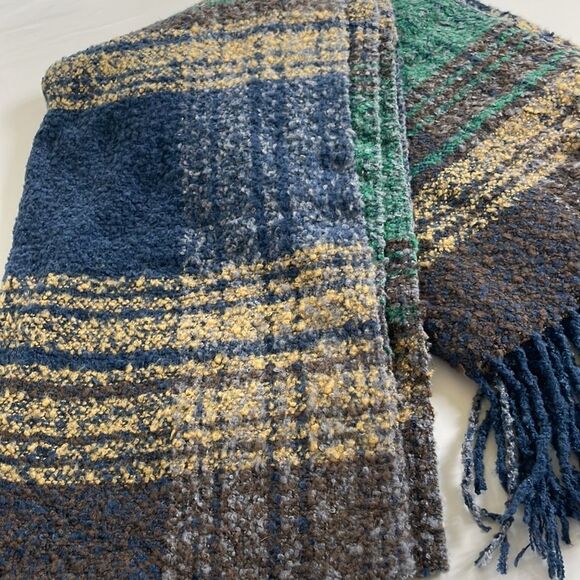 Scarf wrap plaid, extra, large, soft, warm, unisex, navy, taupe, green mustard - Picture 5 of 7